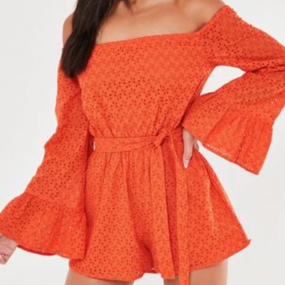 orange broderie anglaise flared sleeve romper